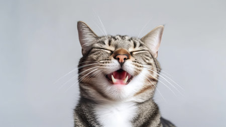 Portrait of Cute smiling cat with closed eyes on white backgroundの写真素材