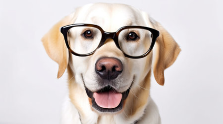 Portrait of Cute happy labrador dog with glasses is smiling, on white backgroundの写真素材