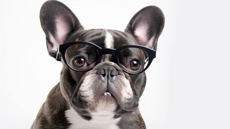 Portrait of Cute happy French Bulldog dog with glasses is smiling, on white backgroundの写真素材