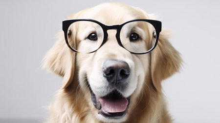Portrait of Cute happy labrador dog with glasses is smiling, on white backgroundの写真素材