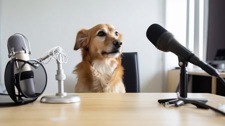 Dog Speaks With Microphone. recording podcast or broadcasting on radio in studio at home. Pet in a podcasting placeの写真素材