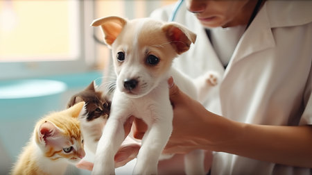 Small cute dog examined at the veterinary doctor, close-upの写真素材