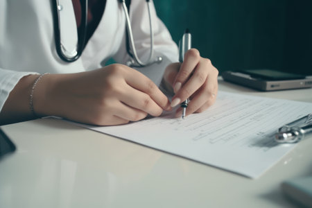 Close-up of doctor medical professional wearing uniform taking notes, physician, therapist or practitioner filling medical documents, writing prescription for patient. Health care, medicine conceptの写真素材