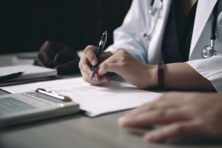 Doctor and patient talking in medical office at hospital. Closeup of doctor medical professional hands taking notes and writing prescription for patient during a consultation. medicine and healthcareの写真素材