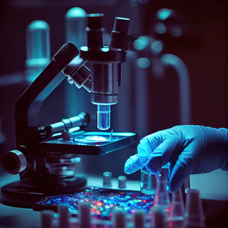 Closeup of scientist hands with microscope, Professional doctor examining samples at medical laboratory, Scientific and healthcare research conceptの写真素材