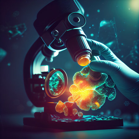 Closeup of scientist hands with microscope, Professional doctor examining samples at medical laboratory, Scientific and healthcare research conceptの写真素材