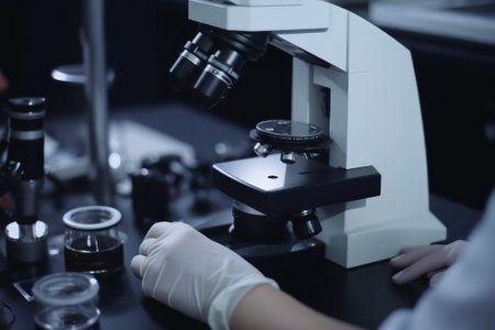 Closeup of scientist hands with microscope, Professional doctor examining samples at medical laboratory, Scientific and healthcare research conceptの写真素材