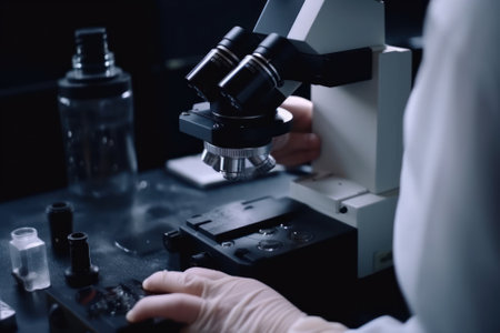Closeup of scientist hands with microscope, Professional doctor examining samples at medical laboratory, Scientific and healthcare research conceptの写真素材