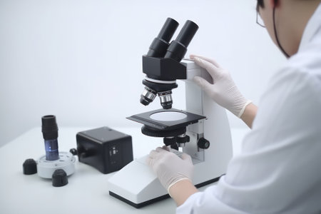 Medical laboratory, scientist hands using microscope for examining samples and liquid, Scientific and healthcare research backgroundの写真素材