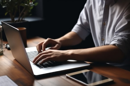 Young man using laptop computer with blank empty mockup screen. business man working at home. Freelance, student lifestyle, e-learning, shopping online, website, technology conceptの写真素材