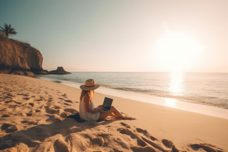 Young woman using laptop computer on beach, freelancer girl working remote, Freelance work, online learning, distant work conceptの写真素材