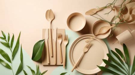 Disposable eco-friendly recycling packaging on a beige green background. Reusable raw materialsの写真素材