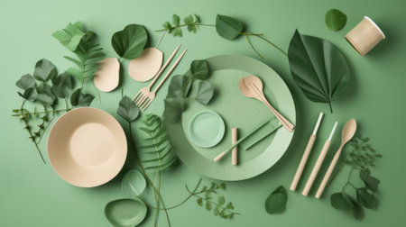 Disposable eco-friendly recycling packaging on a green background. Reusable raw materialsの写真素材