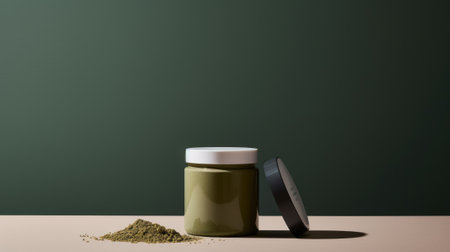 Green algae in powder - chlorella, spirulina in spoons on a green black background. Healthy green food supplement conceptの写真素材