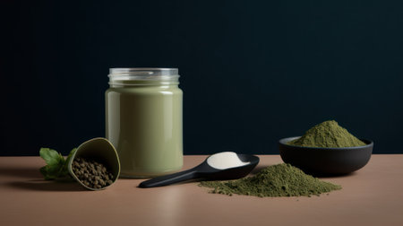 Green algae in powder and pills - chlorella, spirulina in white spoons on a black black background. Healthy green food supplement concept.の写真素材