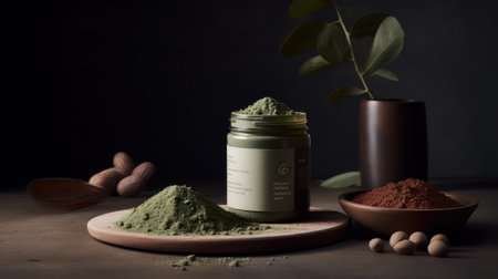 Green algae in powder and pills - chlorella, spirulina in white spoons on a black black background. Healthy green food supplement concept.の写真素材