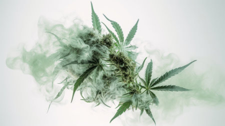 Cannabis leaves with smoke. Cannabis marijuana foliage with a white background. Large leaf of cannabis plant in purple light. Medicinal hemp: a new look at the agricultural hemp strainの写真素材
