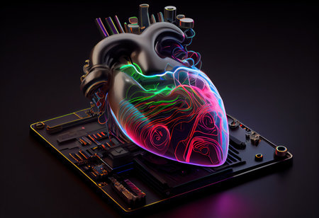 Human Heart as a High-tech Motherboard Chipboard on vibrant Neonの写真素材