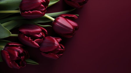 Beautiful composition spring flowers. Bouquet of burgundy tulips flowers on burgundy background. Valentine's Day, Easter, Birthday, Happy Women's Day, Mother's Day. Flat lay, top view, copy spaceの写真素材