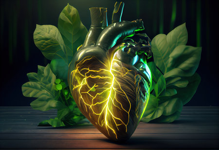 Human Heart as a High-tech Motherboard Chipboard on vibrant Neonの写真素材