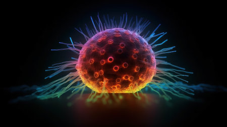 Virus closeup, Futuristic immunology web banner with glowing low polygonal virus and bacteria cells