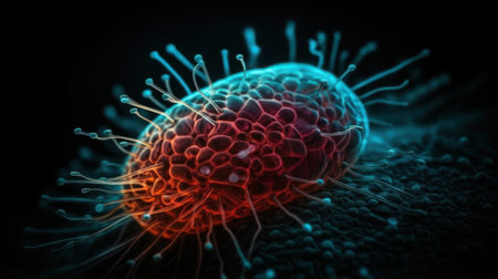 Virus closeup, Futuristic immunology web banner with glowing low polygonal virus and bacteria cellsの写真素材