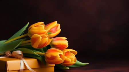 Beautiful composition spring flowers. Bouquet of burgundy tulips flowers on black background. Valentine's Day, Easter, Birthday, Happy Women's Day, Mother's Day. Flat lay, top view, copy spaceの写真素材