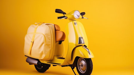 Yellow motor bike with delivery bag isolated on Yellow. Scooter express delivery service.
