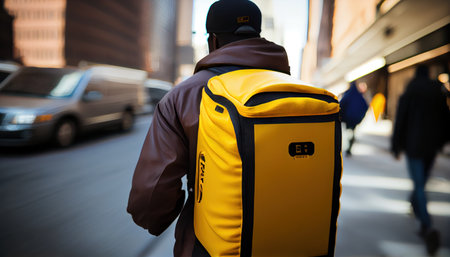 cheerful delivery man standing with yellow thermo backpack for food delivery on the street outdoorsの写真素材