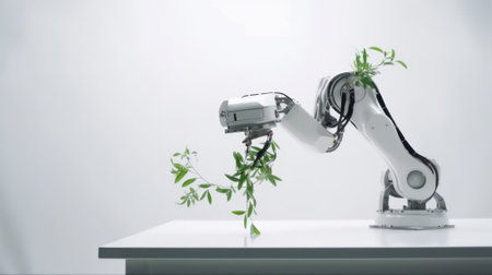 Robotic arm robot farmer working in a laboratory with fresh green plants, white backgroundの写真素材