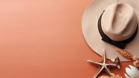 Travel vacation background concept, flat lay, frangipani flower, sunglasses, conch shells, sand, space for copyの写真素材