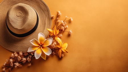 Travel vacation background concept, flat lay, frangipani flower, sunglasses, conch shells, sand, space for copyの写真素材