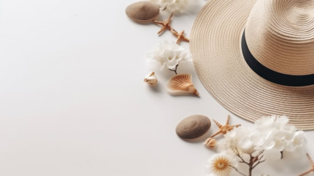 Travel vacation background concept, flat lay, frangipani flower, sunglasses, conch shells, sand,...
