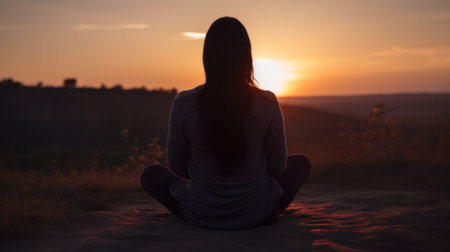 Young woman practicing yoga in mountains at sunset. Harmony, meditation, healthy lifestyle, relaxation, yoga, self care, mindfulness conceptの写真素材