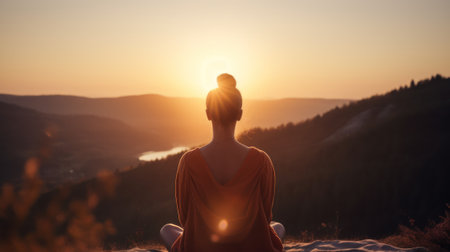 Young woman practicing yoga in mountains at sunset. Harmony, meditation, healthy lifestyle, relaxation, yoga, self care, mindfulness conceptの写真素材