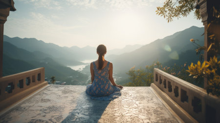 Young woman practicing yoga during yoga retreat, Sit in lotus pose on a terrace , Meditation, relaxation, getting fit, green mountain backgroundの写真素材