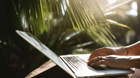Young business woman working at the computer on beach with tropical palm. Young girl downshifter working at a laptop , working day, close-upの写真素材