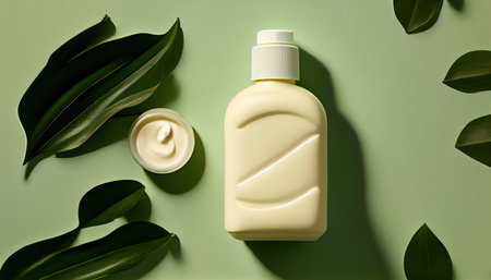 Flat lay composition with natural organic cosmetic products on green background. Top view skean cream or lotion and leaves. natural organic beauty product conceptの素材