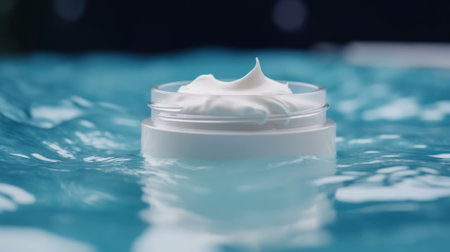 Glass cosmetic jar with skin care moisturizer cream on spring pond water background, mockup blue water surface for eco beauty productの素材