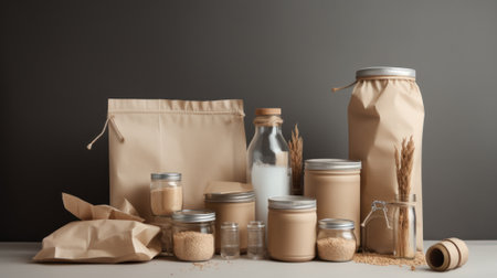 Disposable eco-friendly recycling packaging on a beige background. Reusable raw materialsの素材