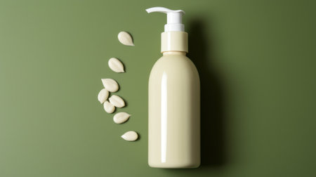 blank cosmetic cream, tonic, soap disinfectant in jar or dispenser with green olives. natural skincare product presentation. Beauty and spa mockup template with copy space for textの素材