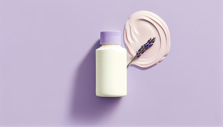 blank, unbranded cosmetic cream jar or tubes on pastel Lilac background. Skincare product presentation. elegant mockup. Skincare, beauty and spa. Banner with copy spaceの素材