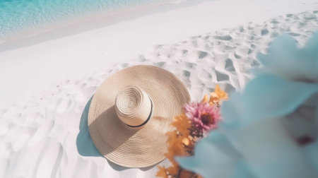 Travel and sand beach flat lay with sun hat, shells, sunglasses, near sea, space for copyの素材