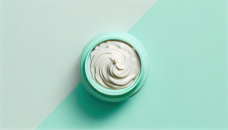 white blank cosmetic cream, tonic, soap disinfectant in jar or dispenser with green leaves on mint background. natural skincare product presentation. Beauty and spa mockup with copy space for textの素材