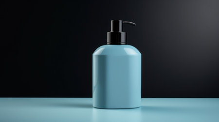 blue blank cosmetic cream, tonic, soap disinfectant in jar or dispenser. natural skincare product presentation. Beauty and spa mockup template with copy space for textの素材