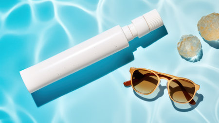 Sunscreen product ads template, mockup on water or swimming pool background. skincare healthcare conceptの素材