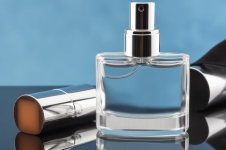 Transparent bottle of perfume on blue studio background. Fragrance presentation with daylight. trending concept. Women's and men's essenceの素材