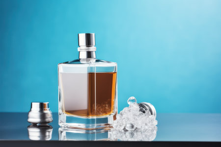 Transparent bottle of perfume on blue studio background. Fragrance presentation with daylight. trending concept. Women's and men's essenceの素材
