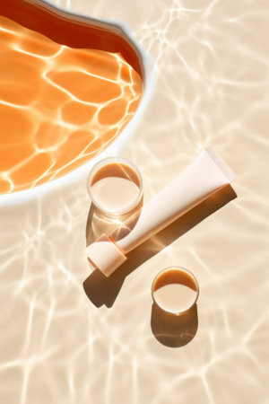 Sunscreen product ads template, mockup on water or sends background. skincare healthcare conceptの素材