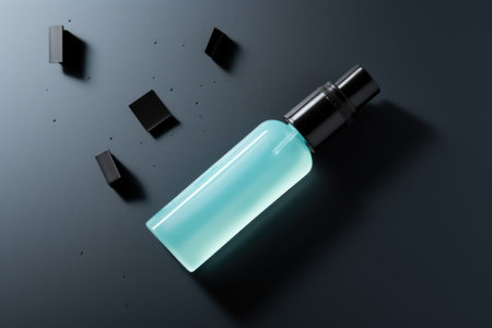 blue blank cosmetic cream, tonic, soap disinfectant in jar or dispenser. natural skincare product presentation. Beauty and spa mockup template with copy space for textの素材